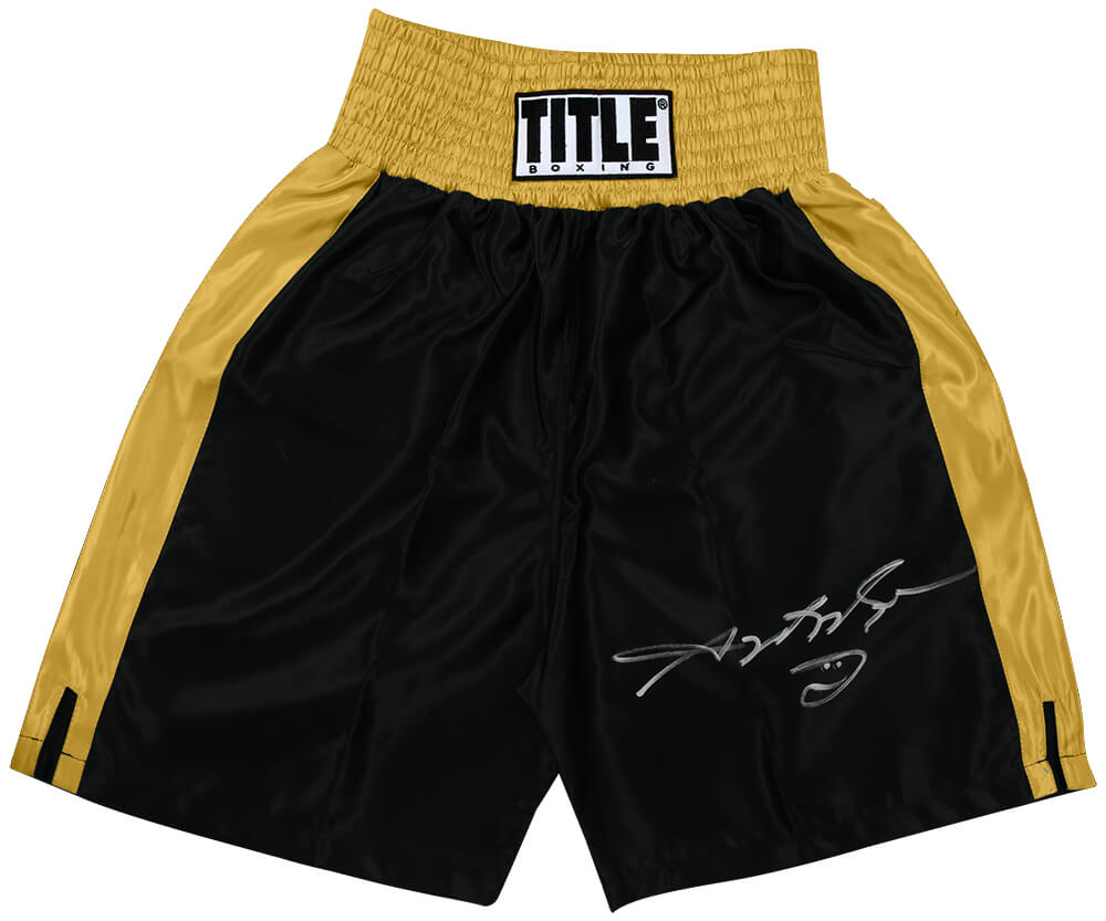 Sugar Ray Leonard Signed Title Black With Gold Trim Boxing Trunks