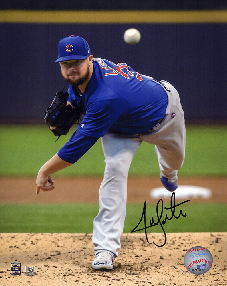 Jon Lester Signed Chicago Cubs Blue Jersey Pitching Action 8x10 Photo