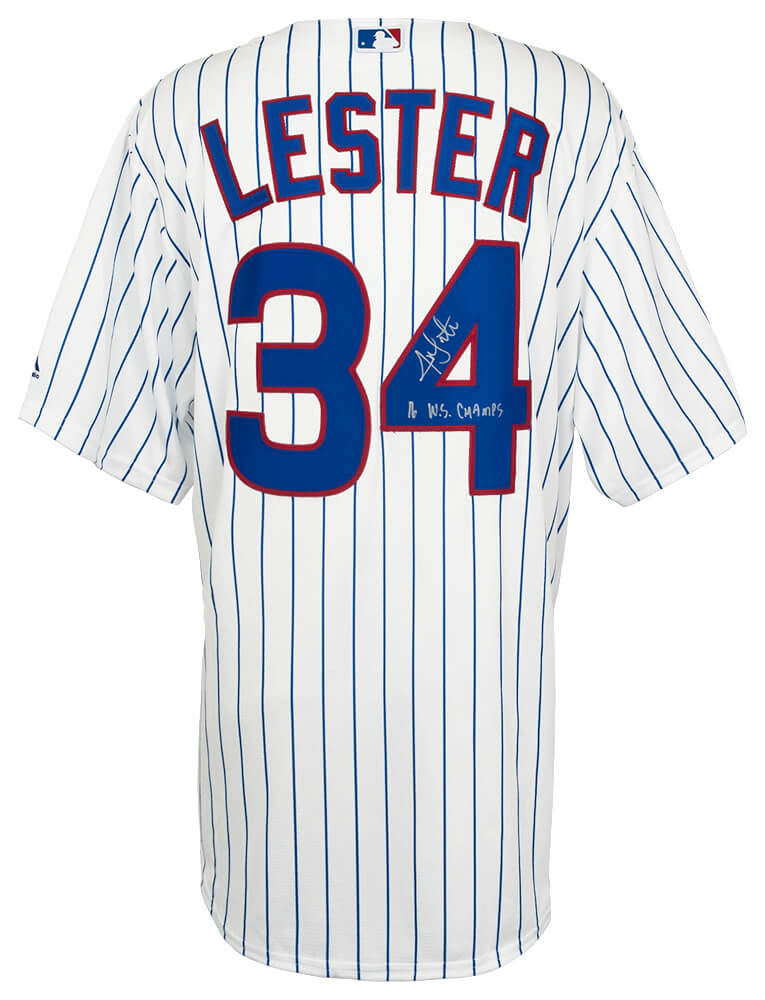 Jon Lester Signed Chicago Cubs White Pinstripe Majestic Replica Baseball Jersey w/16 WS Champs