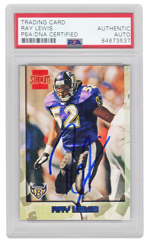 Ray Lewis Signed Baltimore Ravens 1996 Topps Stadium Club Football Rookie Card #351 (PSA Encapsulated)