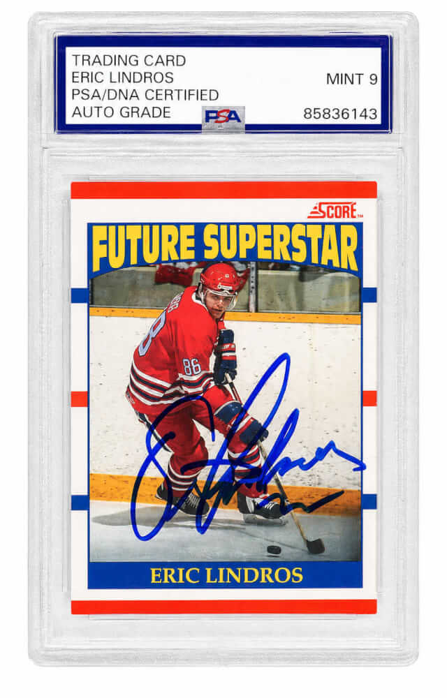Eric Lindros Signed 1990 Score Future Superstar Rookie Hockey Card #440 - (PSA Encapsulated - Auto Grade 9)