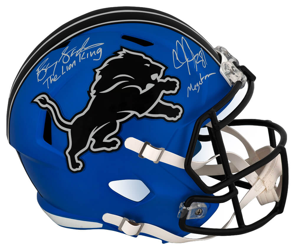 Barry Sanders & Calvin Johnson Signed Lions 2024 Alt Riddell Full Size Speed Replica Helmet w/Lion King & Megatron