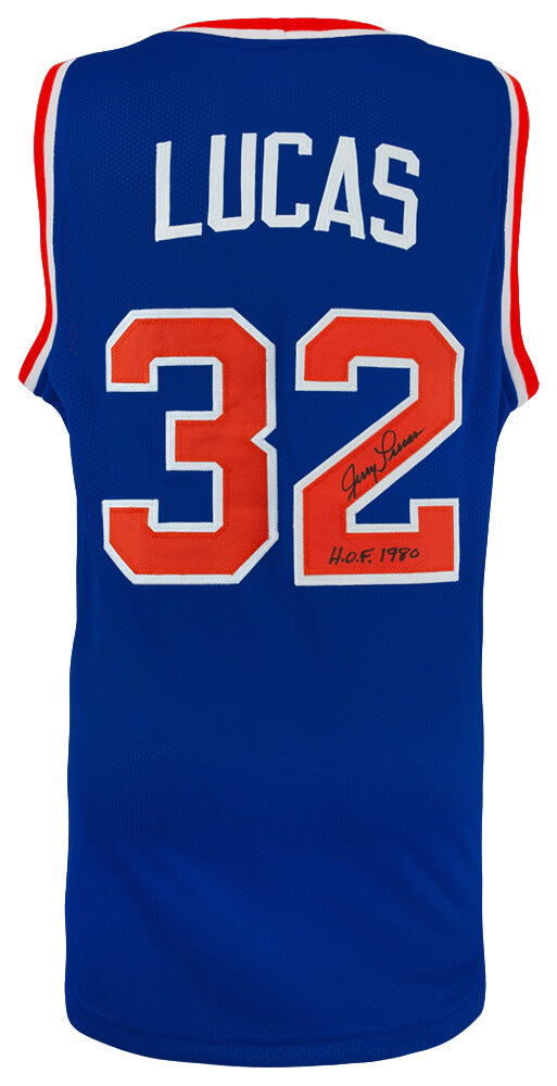Jerry Lucas Signed Blue Custom Basketball Jersey w/HOF 1980