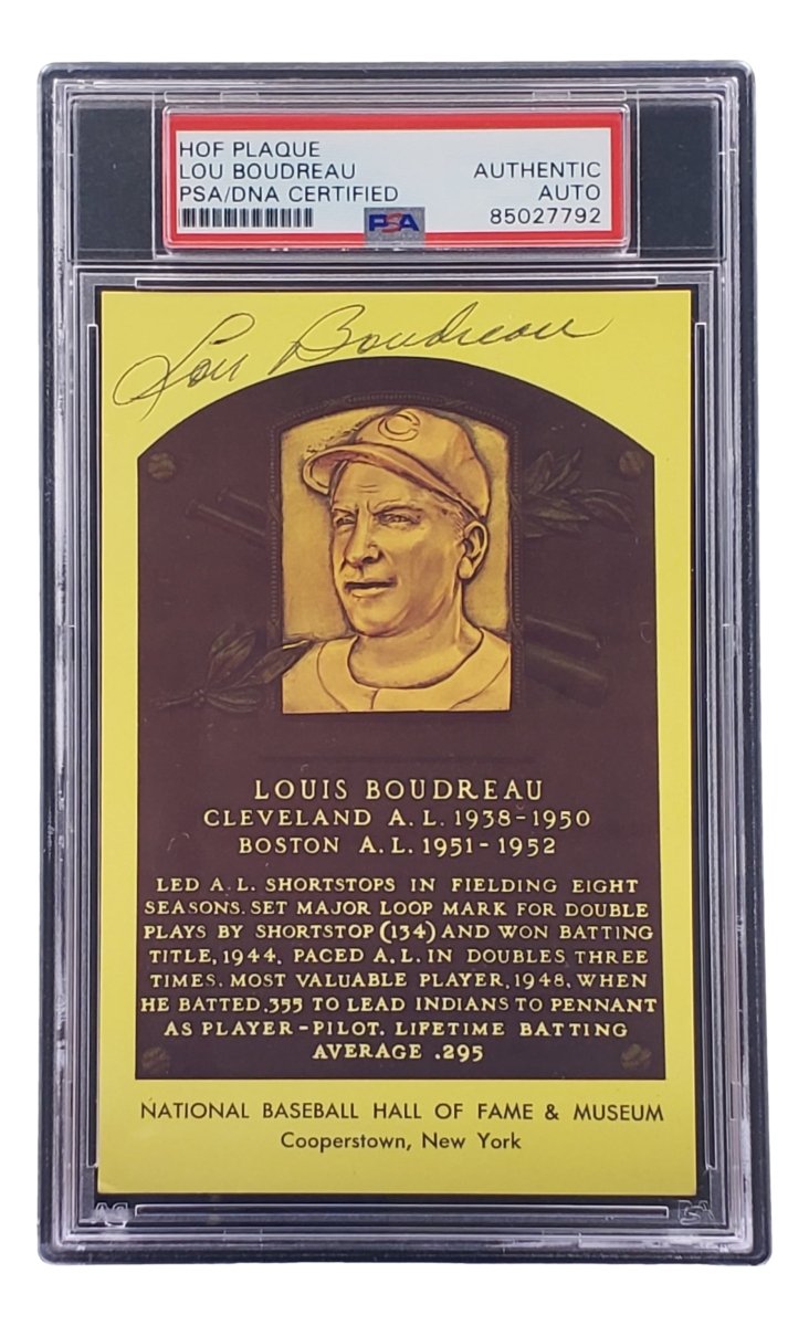 Lou Boudreau Signed 4x6 Cleveland HOF Plaque Card PSA/DNA 85027792 - Sports Integrity