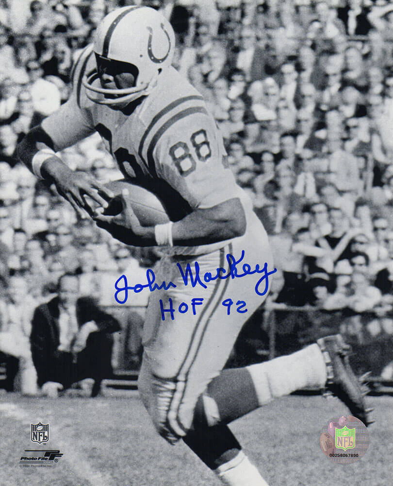John Mackey Signed Colts B&W With Football 8x10 Photo w/HOF'92