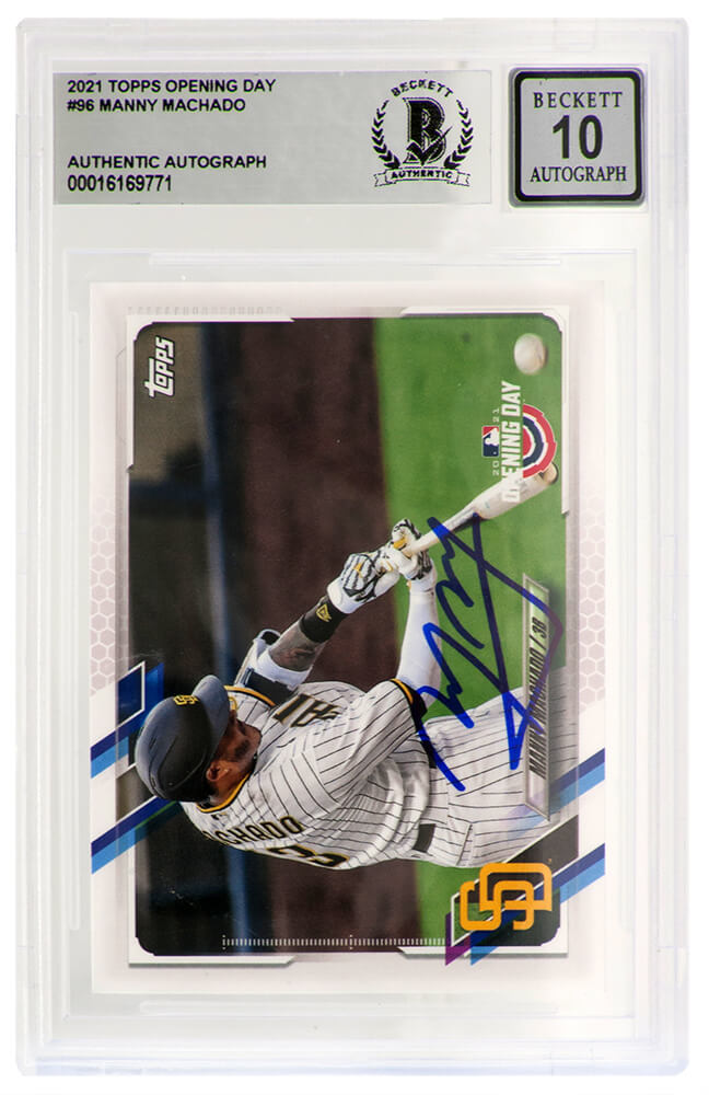 Manny Machado Signed San Diego Padres 2021 Topps Opening Day Baseball Card #96 (Beckett / Auto Grade 10)