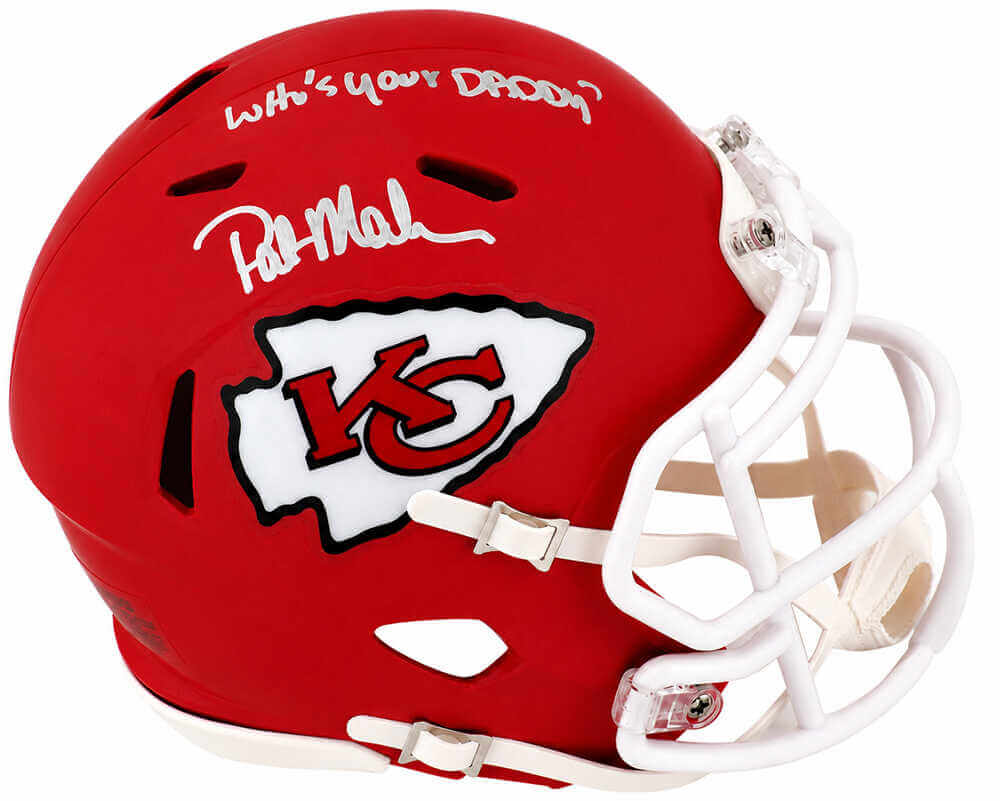 Pat (Patrick) Mahomes Sr. Signed Chiefs Riddell Speed Mini Helmet w/Who's Your Daddy? - (In Silver)