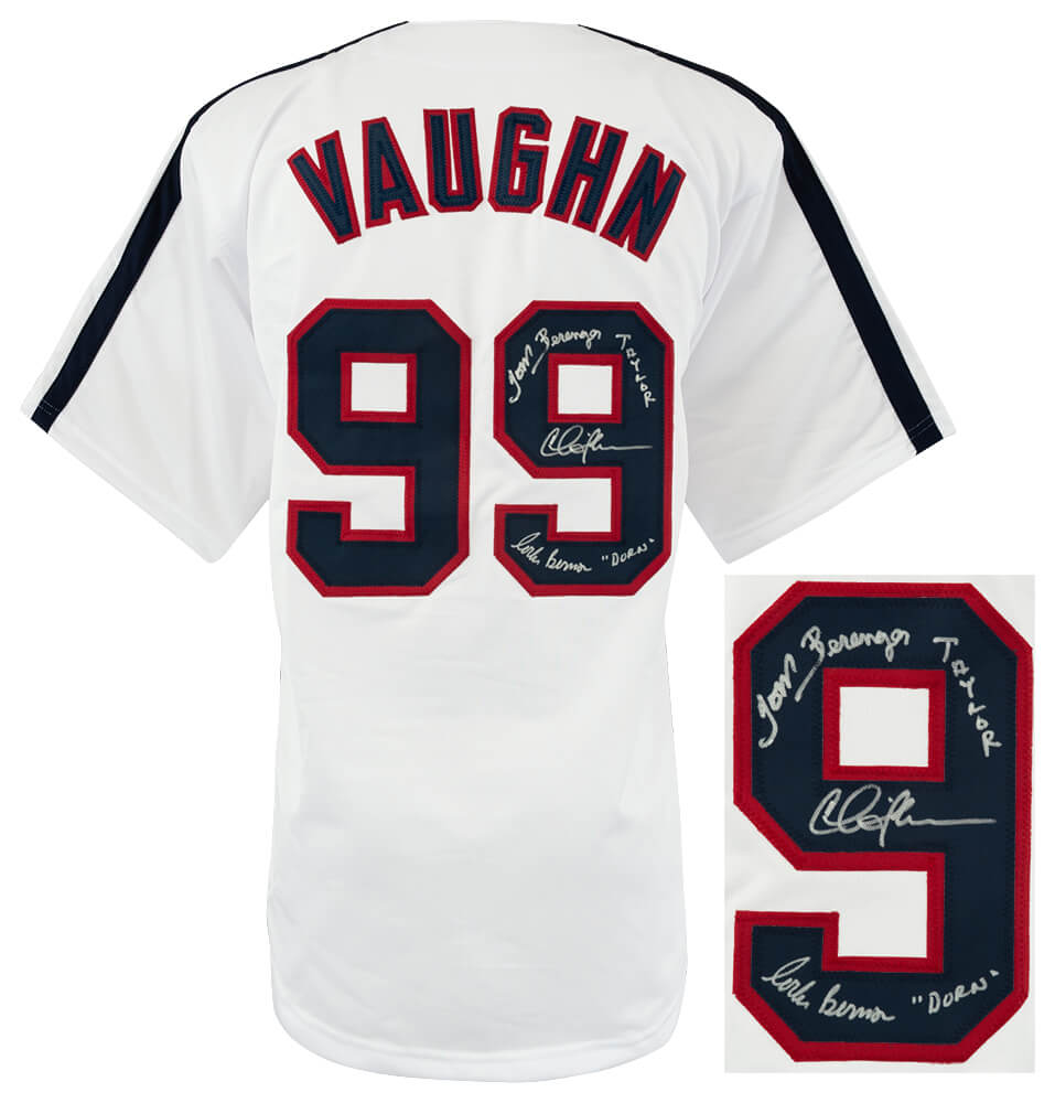 Charlie Sheen, Corbin Bernsen & Tom Berenger Signed White Custom Vaughn #99 Baseball Jersey