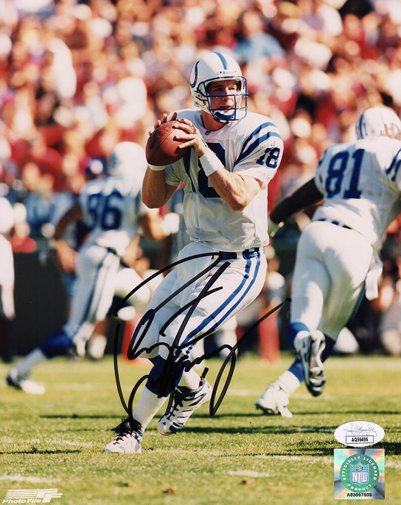 Peyton Manning Signed Indianapolis Colts White Jersey Dropback Action 8x10 Photo- (JSA)