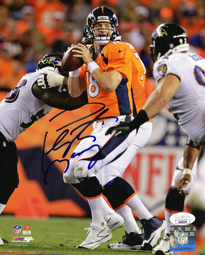 Peyton Manning Signed Denver Broncos Orange Jersey Action vs Ravens 8x10 Photo- (JSA)