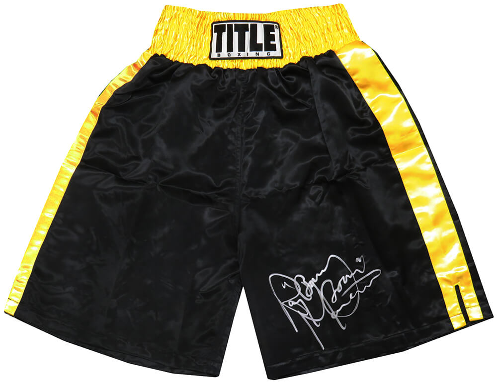 Ray Mancini Signed Title Black With Gold Waist Boxing Trunks w/Boom Boom