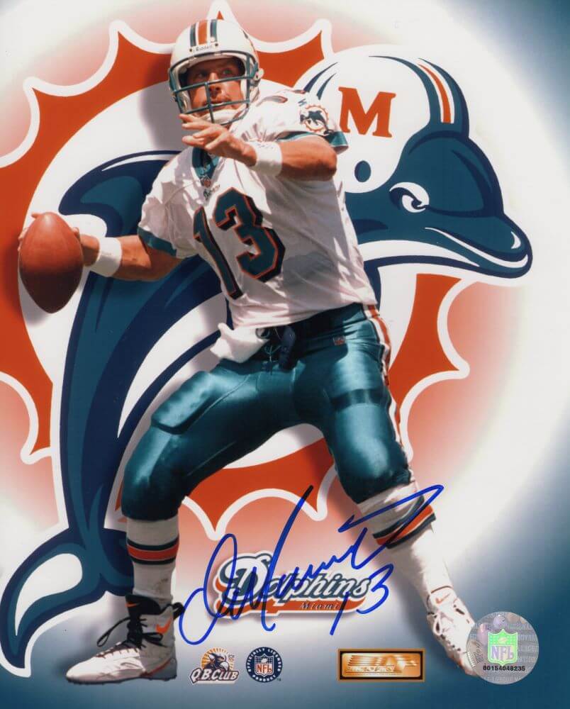 Dan Marino Signed Miami Dolphins Logo Background Action 8x10 Photo