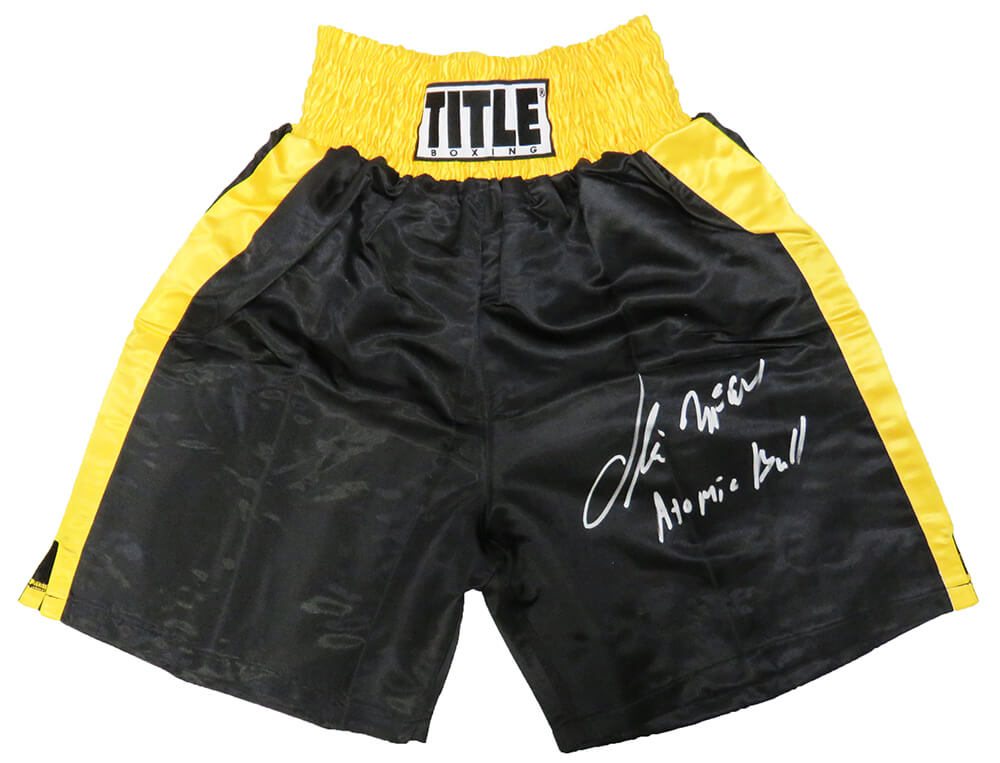 Oliver McCall Signed Title Black With Gold Trim Boxing Trunks w/Atomic Bull