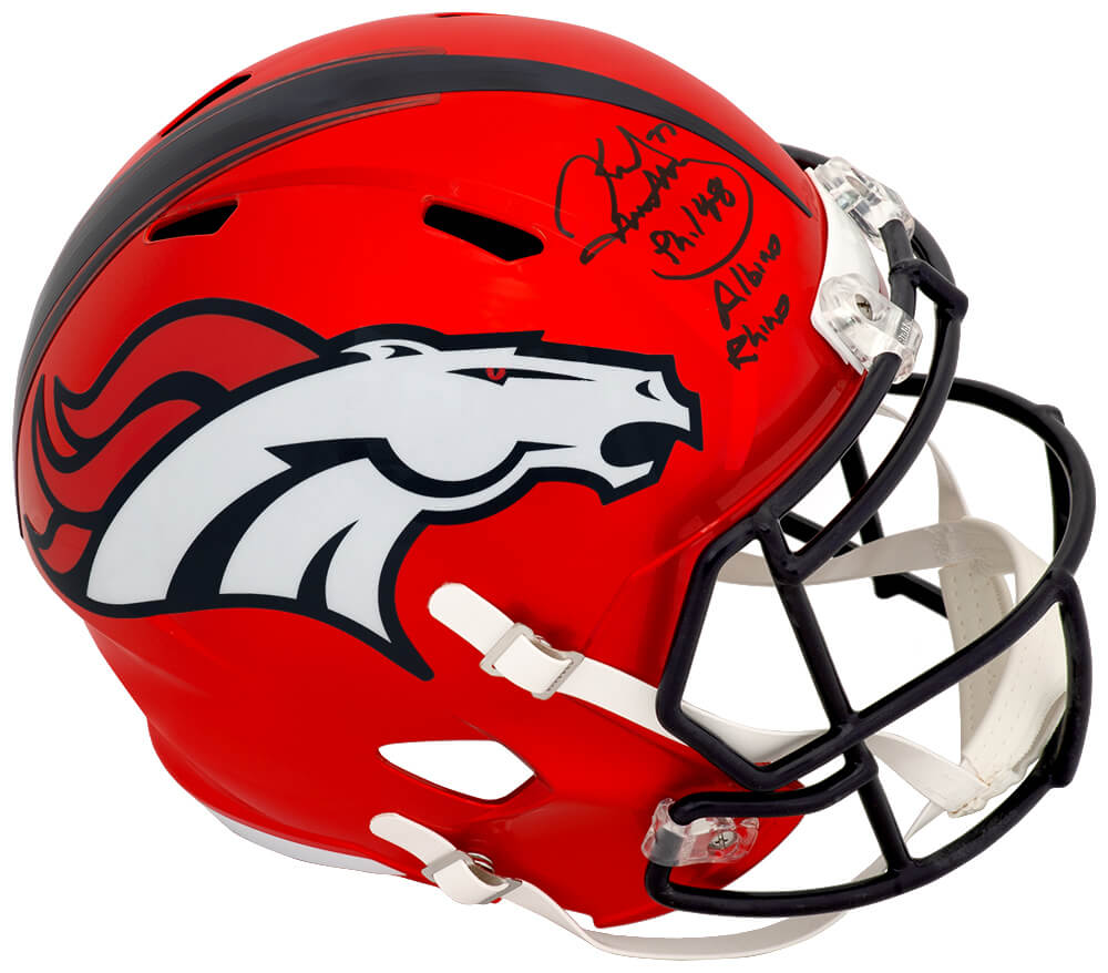 Karl Mecklenburg Signed Denver Broncos FLASH Riddell Full Size Speed Replica Helmet w/Albino Rhino