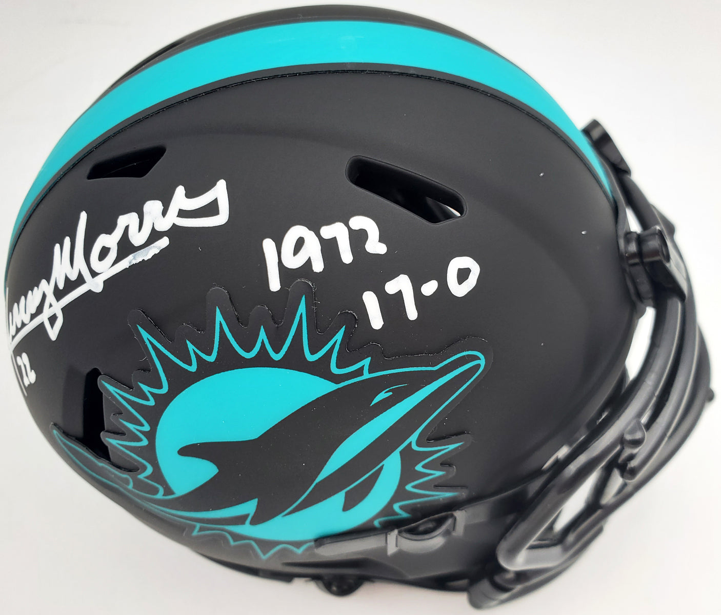 Mercury Morris Autographed Miami Dolphins Eclipse Black Speed Mini Helmet "1972 17-0" Beckett BAS QR Stock #194067