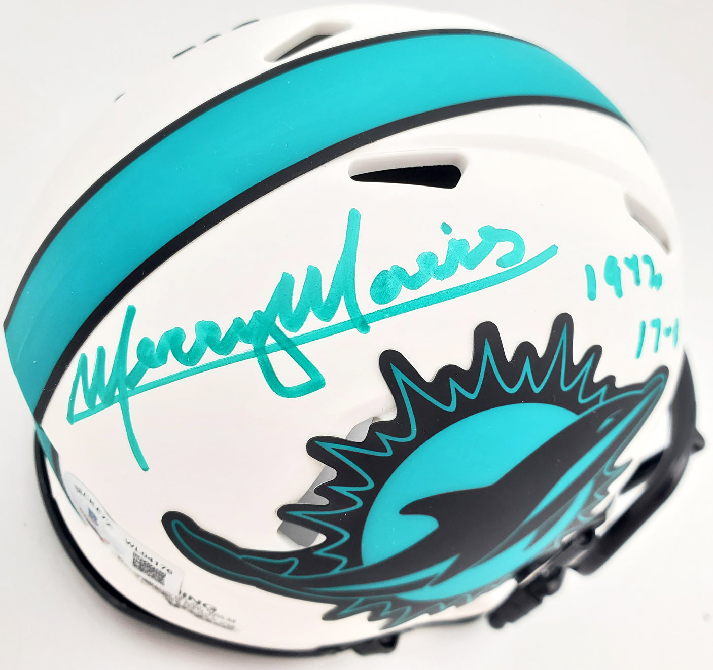 Mercury Morris Autographed Miami Dolphins Lunar Eclipse White Speed Mini Helmet "1972 17-0" Beckett BAS QR Stock #194065