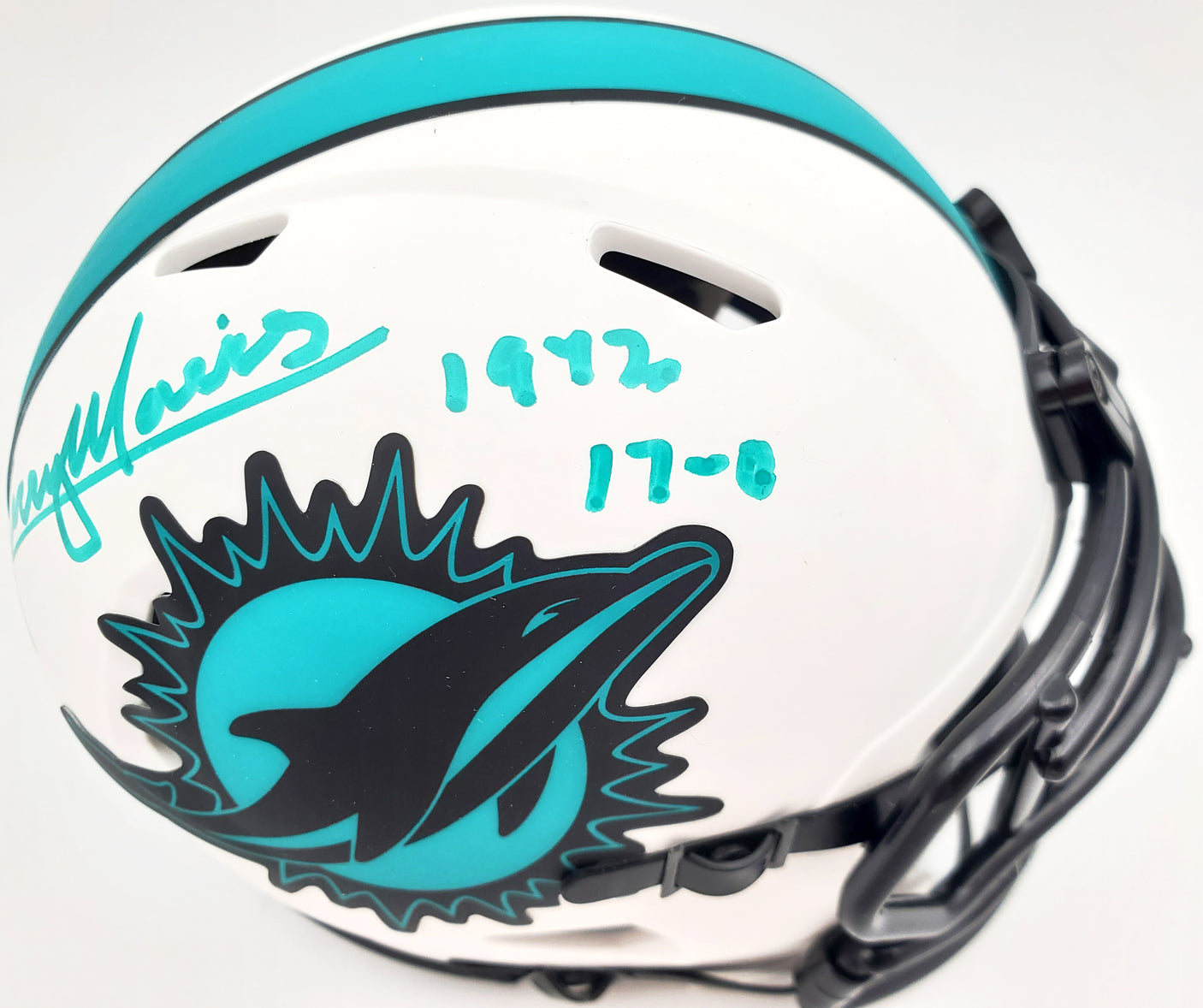 Mercury Morris Autographed Miami Dolphins Lunar Eclipse White Speed Mini Helmet "1972 17-0" Beckett BAS QR Stock #194065