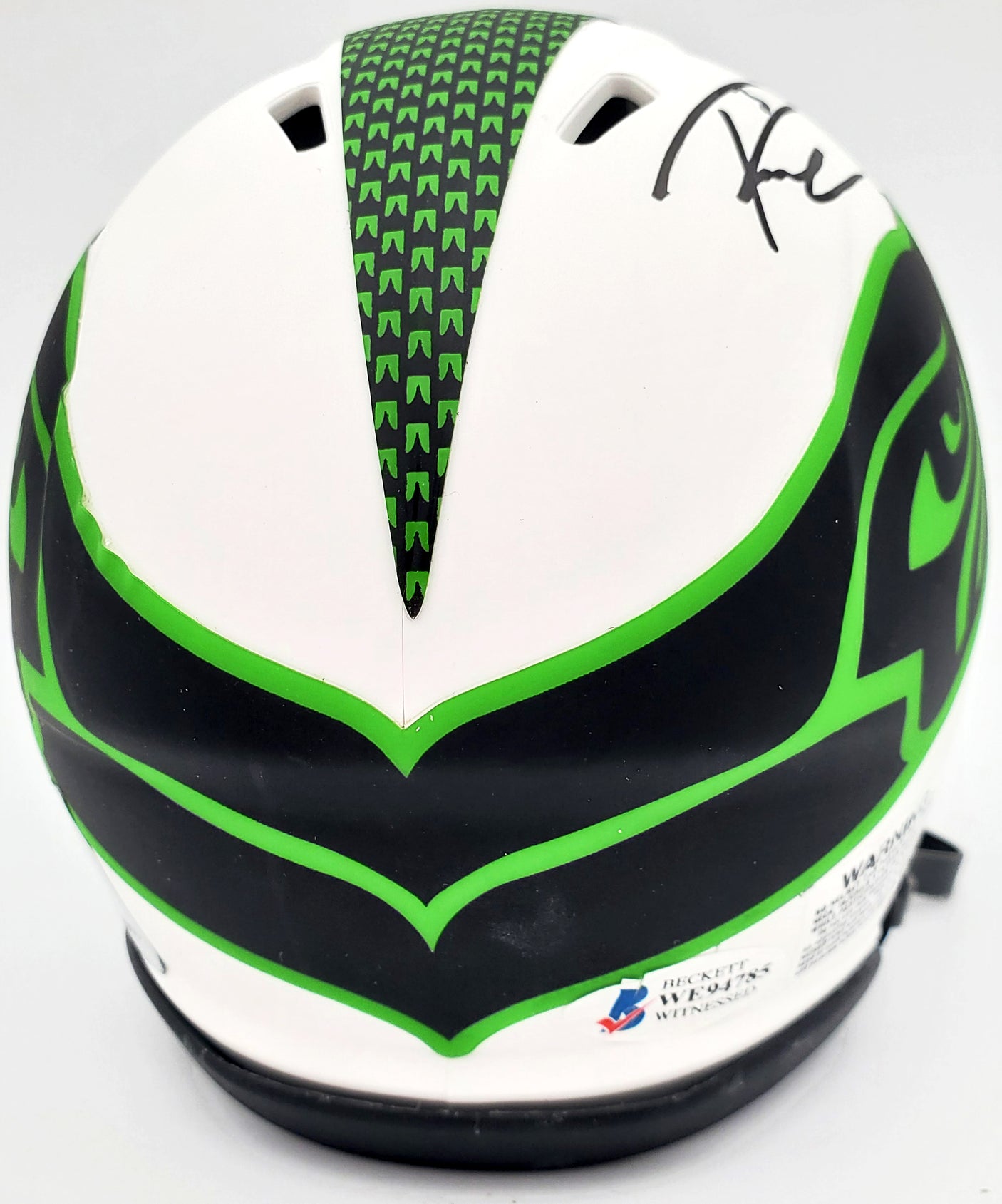 Russell Wilson Autographed Seattle Seahawks White Lunar Eclipse Speed Mini Helmet RW Holo & Beckett BAS Stock #194000