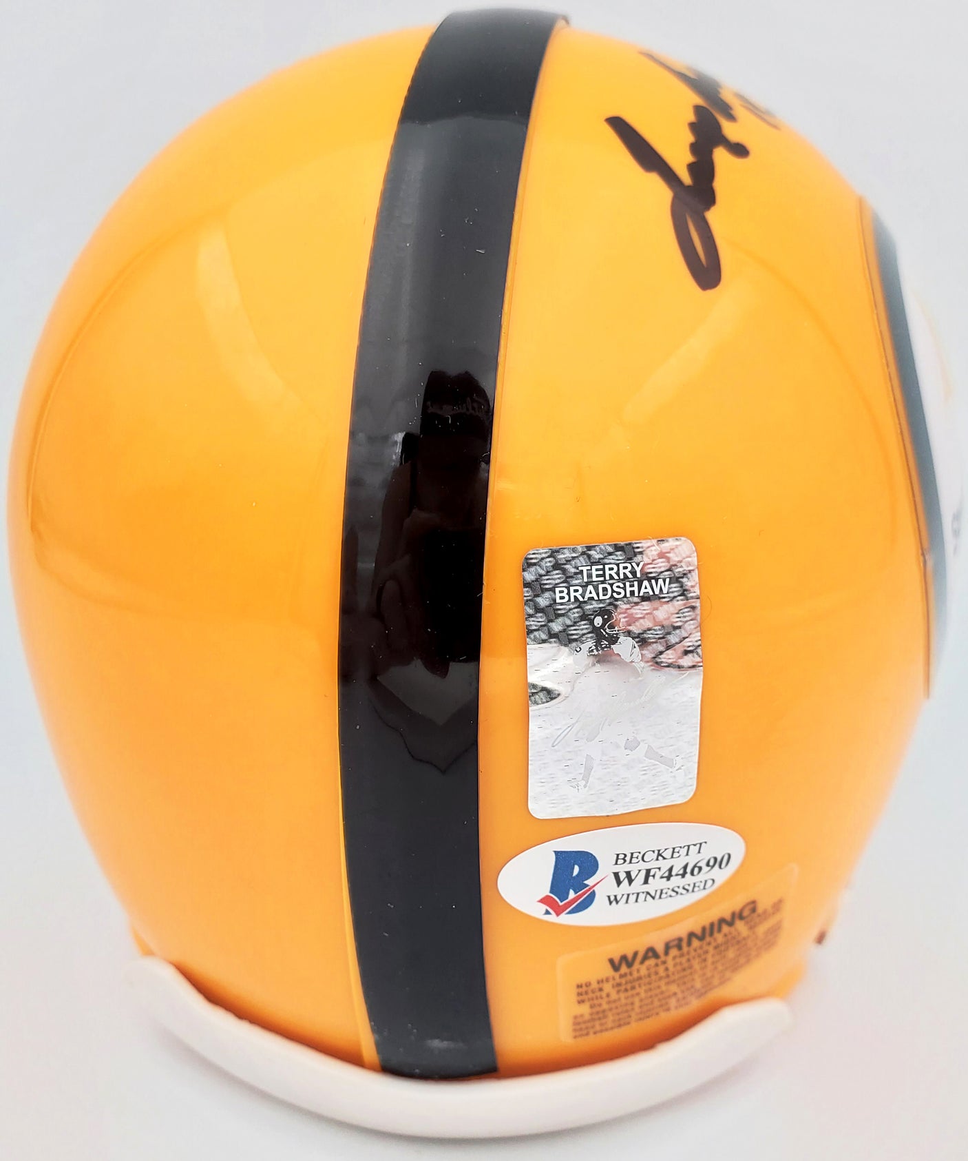 Terry Bradshaw Autographed Pittsburgh Steelers Yellow Mini Helmet Beckett BAS Stock #185874