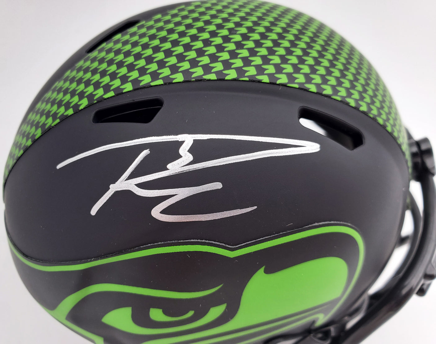 Russell Wilson Autographed Eclipse Black Seattle Seahawks Speed Mini Helmet In Silver RW Holo Stock #178961
