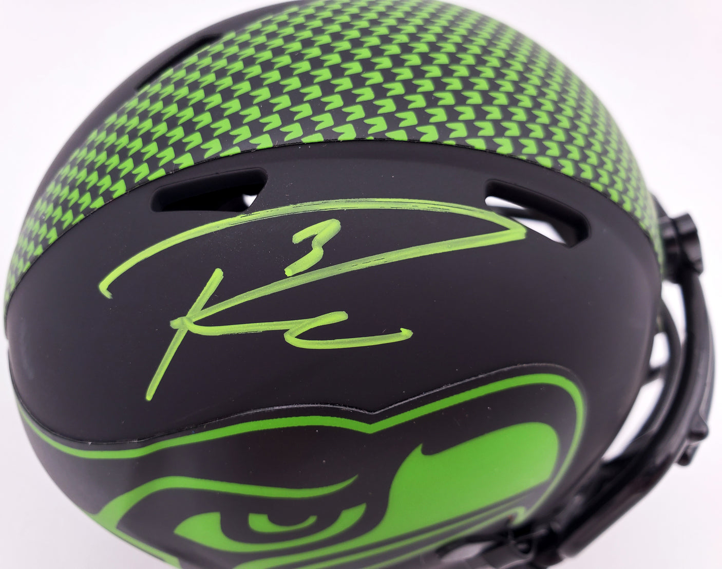 Russell Wilson Autographed Eclipse Black Seattle Seahawks Speed Mini Helmet In Green RW Holo Stock #178960