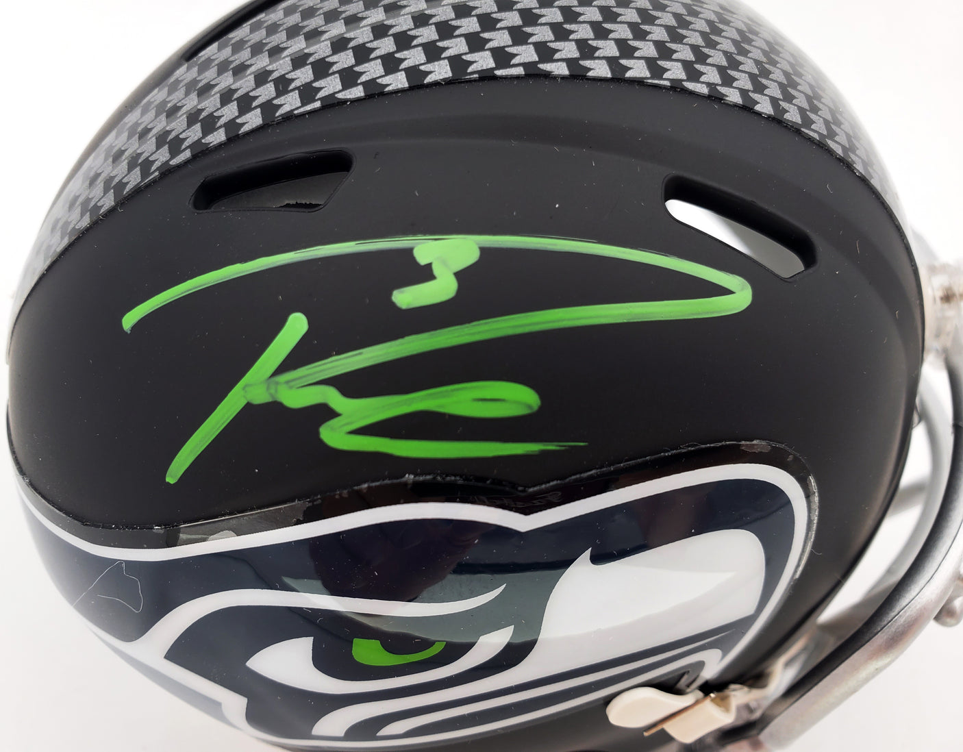 Russell Wilson Autographed Seattle Seahawks Matte Black Speed Mini Helmet In Green RW Holo Stock #145787