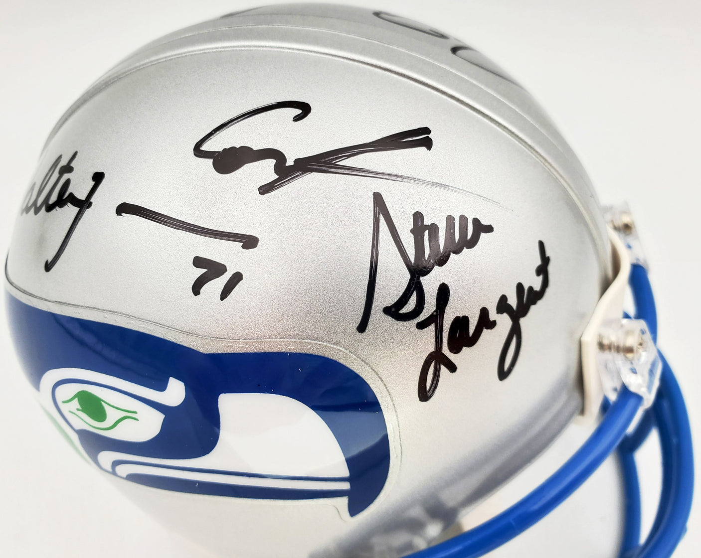 Seattle Seahawks Ring Of Honor Autographed Mini Helmet With 5 Signatures Including Steve Largent, Cortez Kennedy, Walter Jones, Jim Zorn & Curt Warner Beckett BAS & MCS Holo Stock #124681