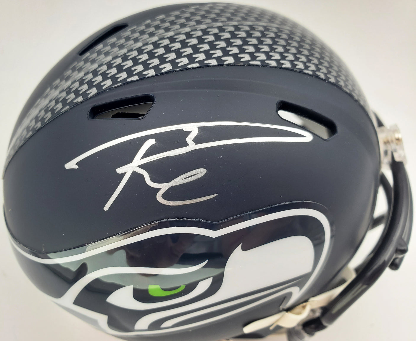 Russell Wilson Autographed Seattle Seahawks Speed Mini Helmet In Silver RW Holo Stock #71468