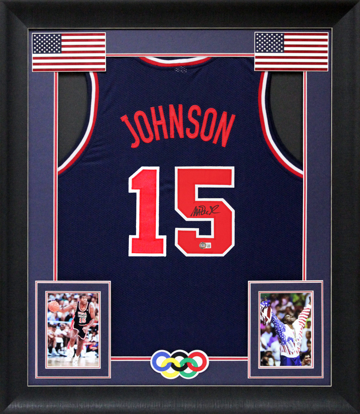 Magic Johnson Team USA Authentic Signed Navy Blue Framed Jersey BAS Witnessed