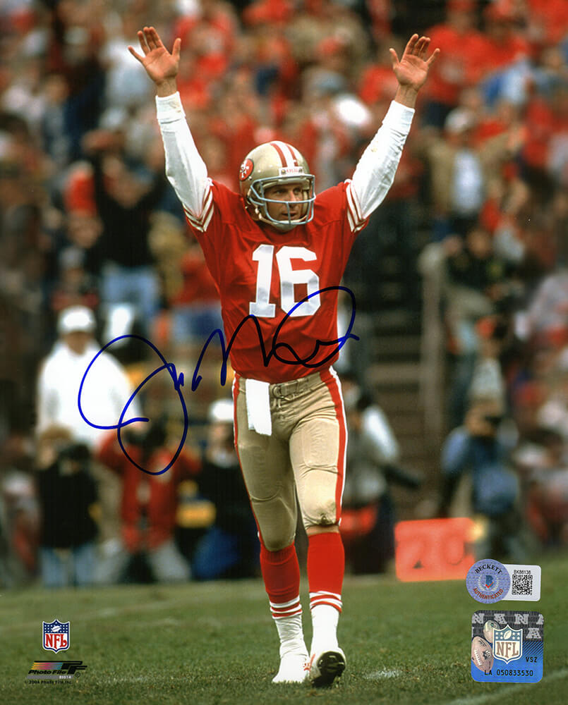 Joe Montana Signed San Francisco 49ers Arms Raised Red Jersey 8x10 Photo (Beckett)