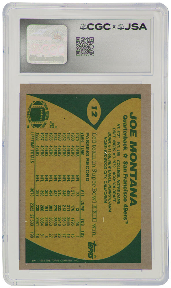 Joe Montana Signed 49ers 1989 Topps Football Trading Card #12 - (CGC x JSA Encapsulated)