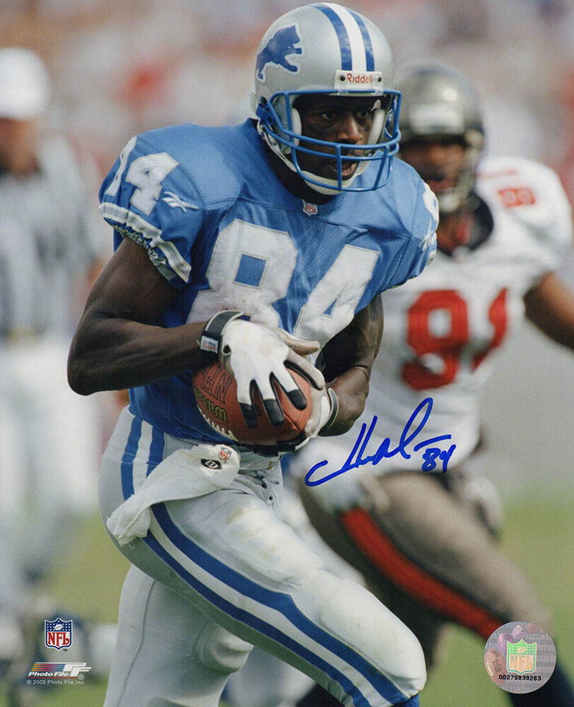 Herman Moore Signed Detroit Lions Blue Jersey Close Up Action 8x10 Photo