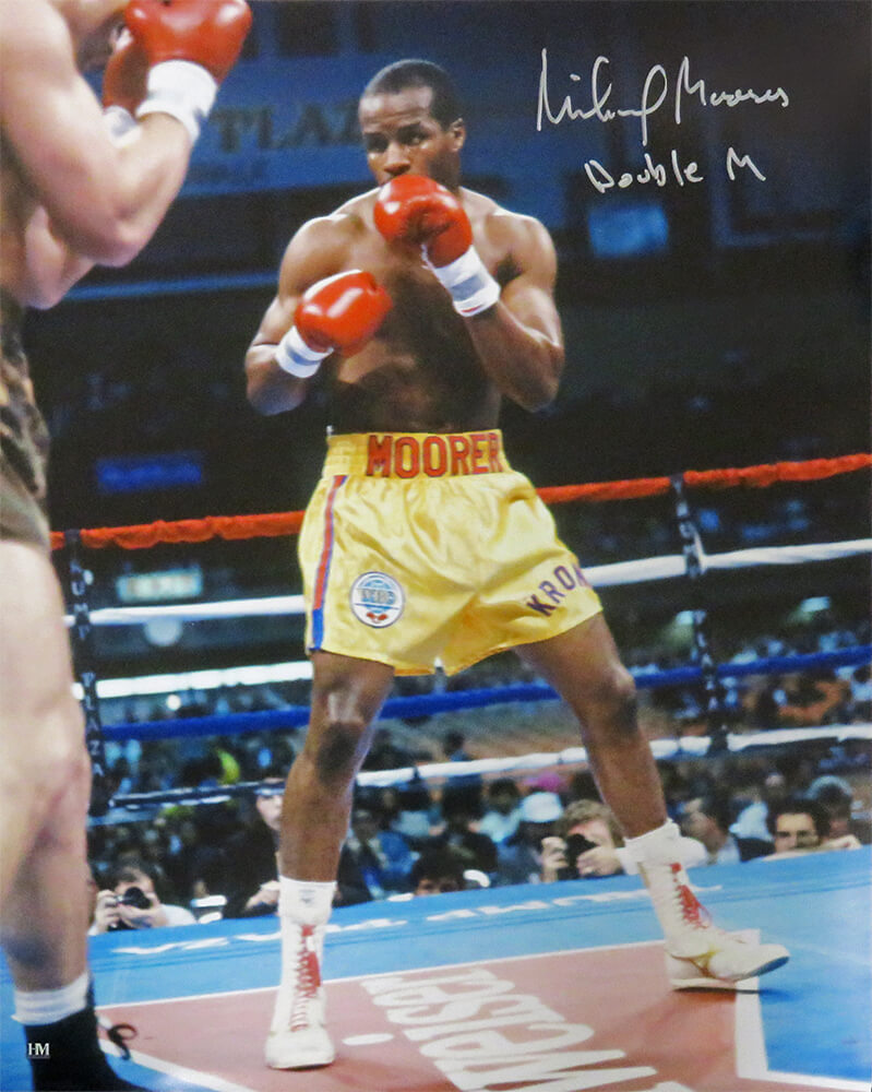 Michael Moorer Signed Boxing Gold Trunks Action 16x20 Photo w/Double M