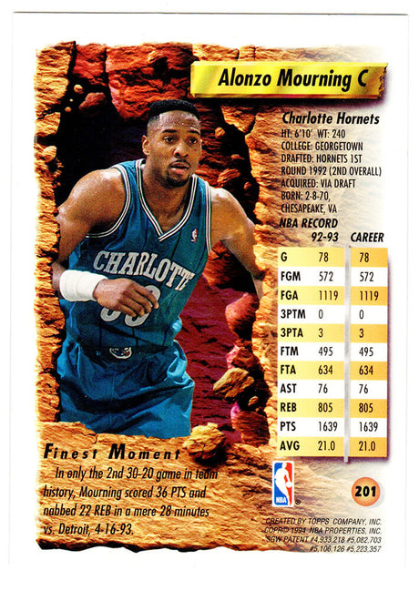 Alonzo Mourning Signed Charlotte Hornets 1993-94 Topps Finest Basketball Card #201