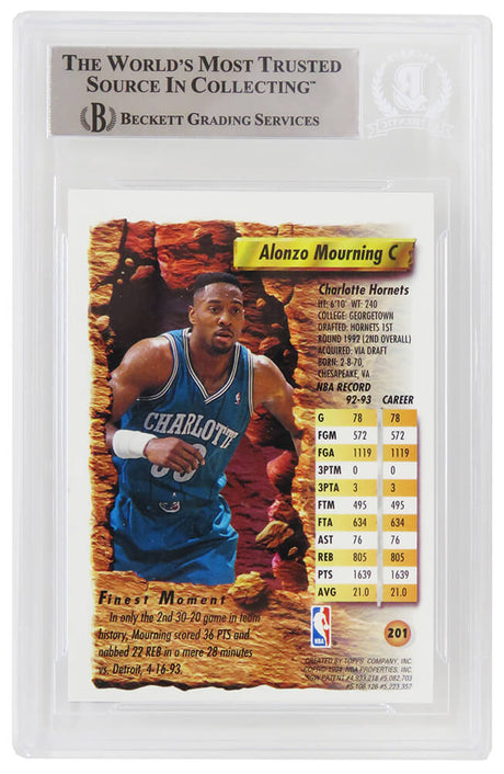 Alonzo Mourning Signed Hornets 1993-94 Topps Finest Basketball Card #201 (In Blue) - (Beckett Encapsulated)