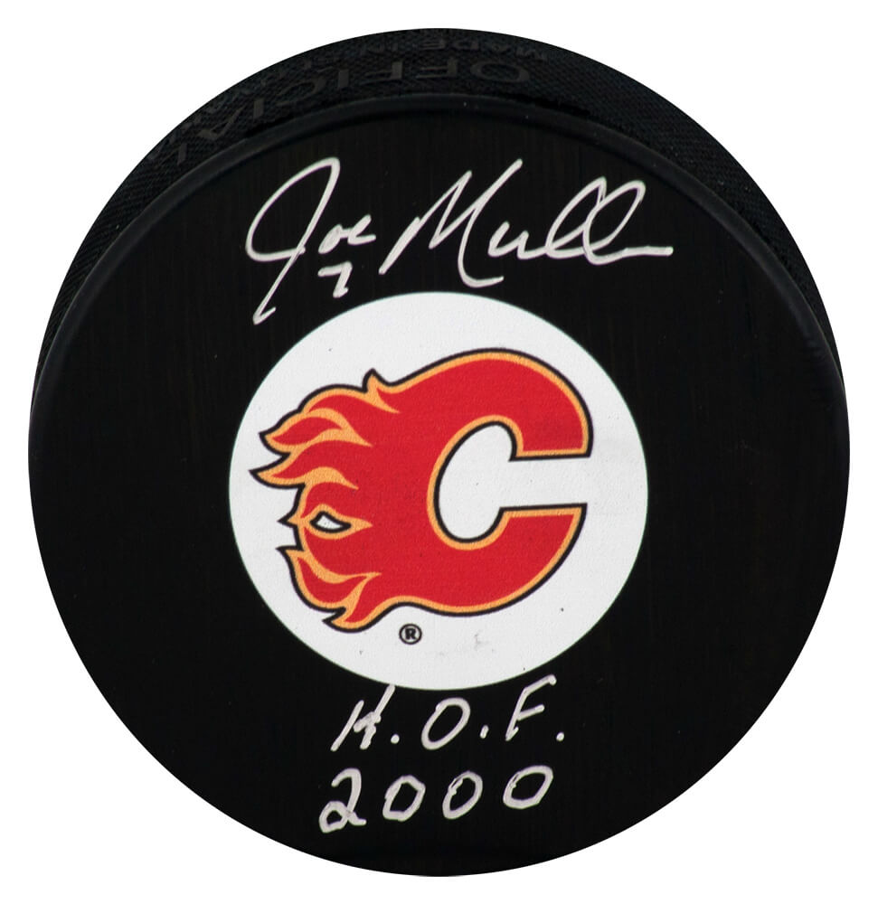 Joe Mullen Signed Calgary Flames Medium Logo Hockey Puck w/HOF 2000 - (In Silver)