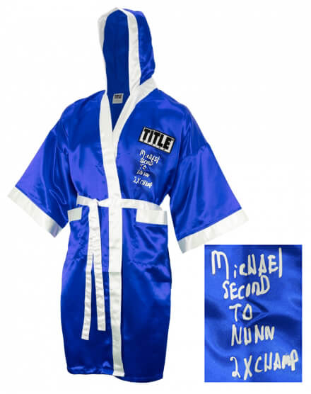 Michael Nunn Signed Title Blue Boxing Robe w/2x Champ, Second To Nunn