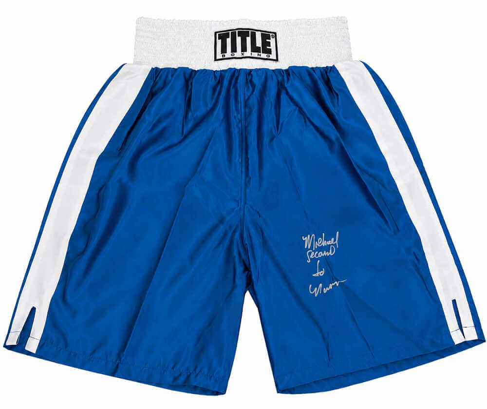 Michael Nunn Signed Title Blue With White Trim Boxing Trunks