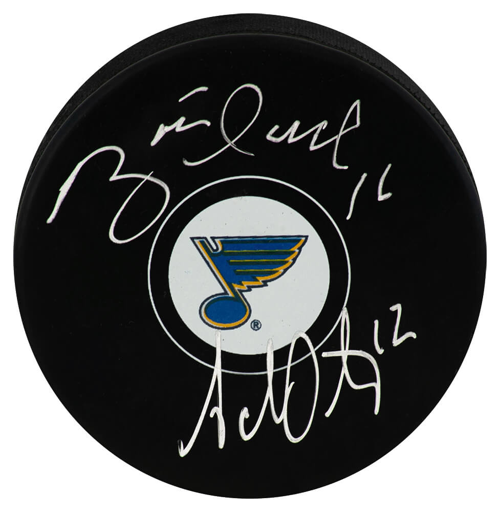 Brett Hull & Adam Oates Dual Signed St. Louis Blues Logo Hockey Puck