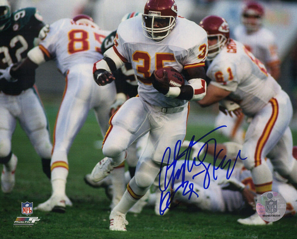 Christian Okoye Signed Kansas City Chiefs White Jersey Action 8x10 Photo