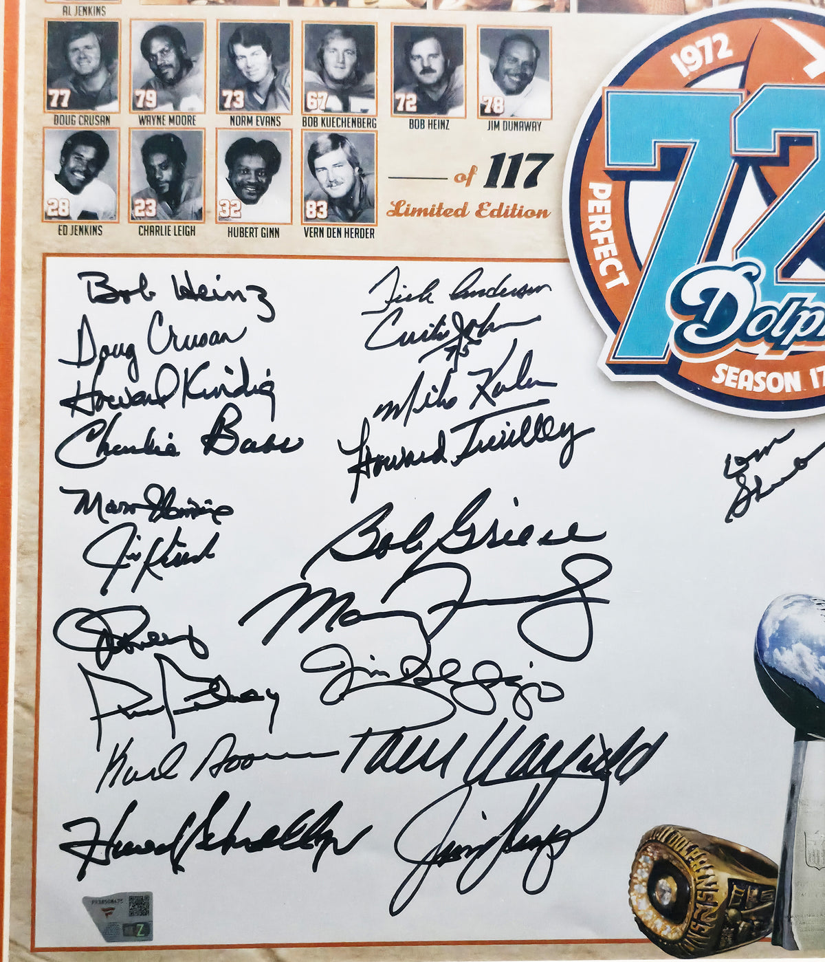 1972 Miami Dolphins Perfect Season Team Autographed Framed 20x24 Photo With 40+ Signatures Including Don Shula & Bob Griese Fanatics Holo #PV38508475