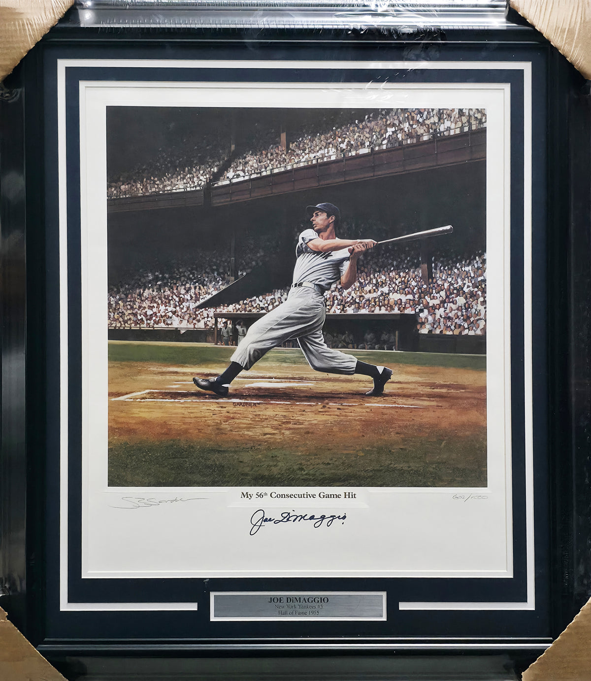 Joe DiMaggio Autographed Framed 20x24 Lithograph Photo New York Yankees 56th Consecutive Hit Game #602/1000 PSA/DNA #AE03845