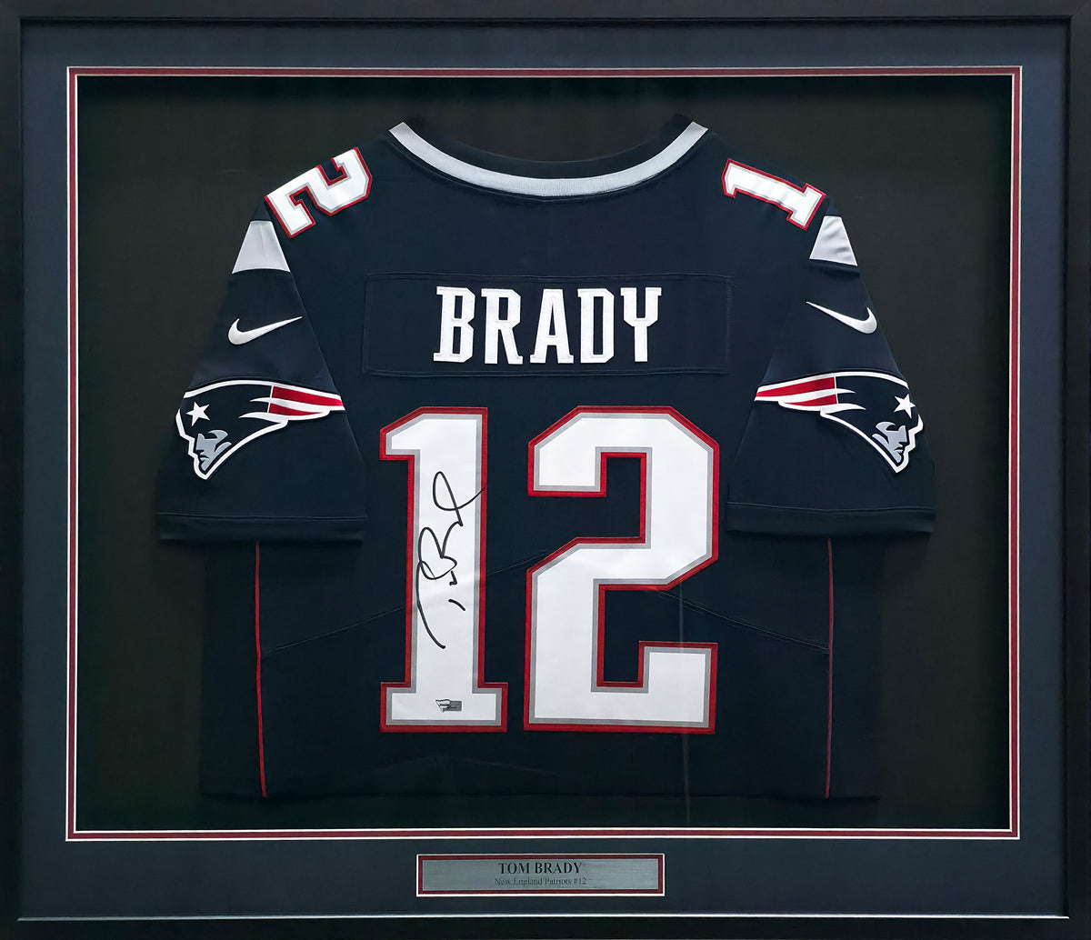 New England Patriots Tom Brady Autographed Framed Blue Nike Twill Jersey Fanatics Holo #AA0106637