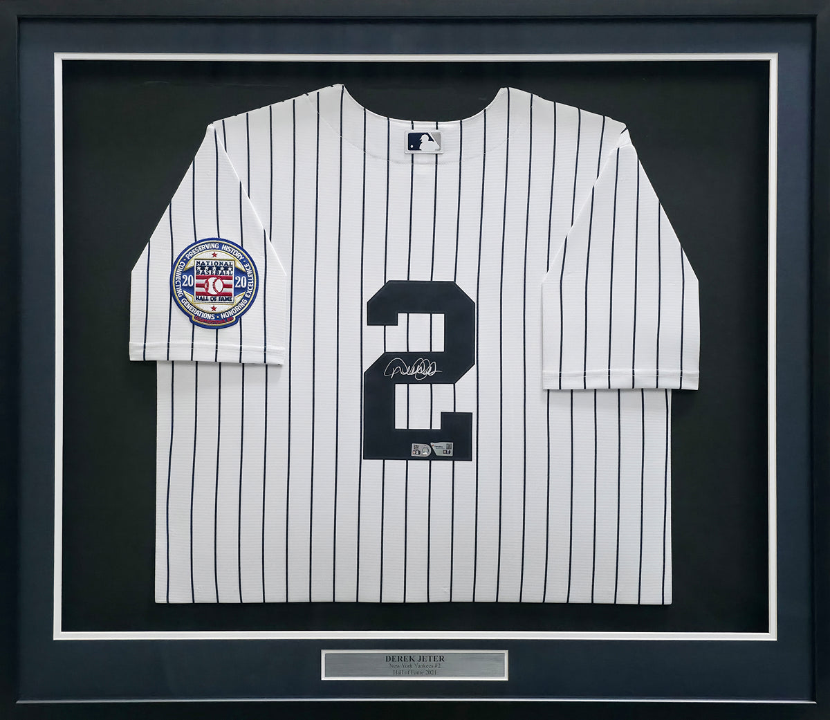 New York Yankees Derek Jeter Autographed Framed White Nike 2020 Hall of Fame Patch Jersey Fanatics Holo #GL68115672
