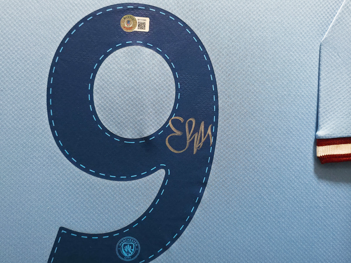 Manchester City Erling Haaland Autographed Framed Blue UEFA Puma Jersey Beckett BAS Witness #W111395