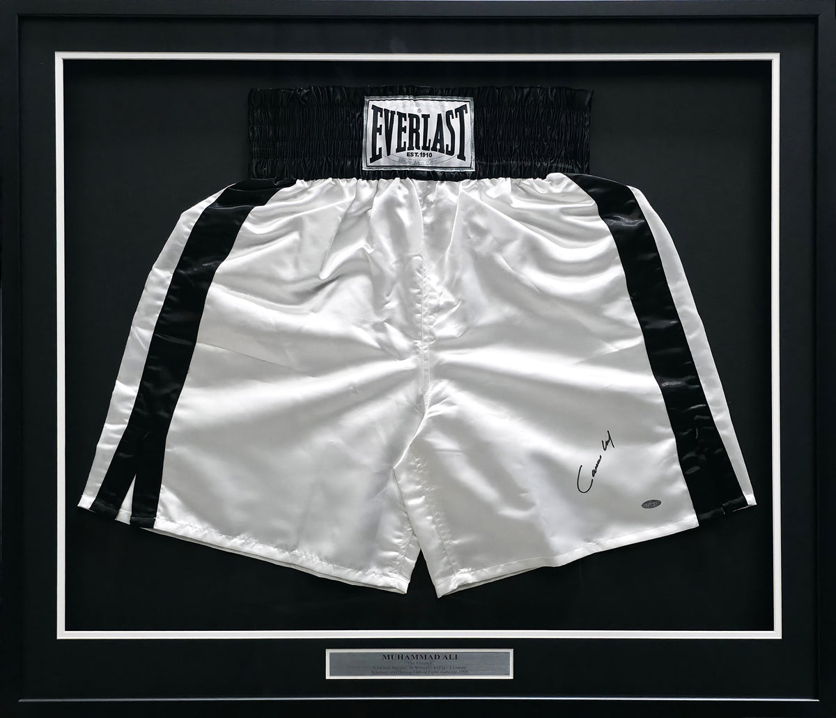 Cassius Clay aka Muhammad Ali Autographed Framed White & Black Everlast Boxing Trunks Steiner Holo SKU #268268