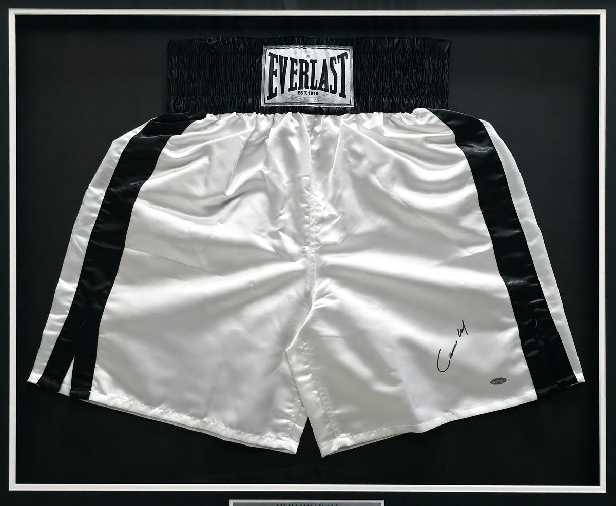 Cassius Clay aka Muhammad Ali Autographed Framed White & Black Everlast Boxing Trunks Steiner Holo SKU #268268