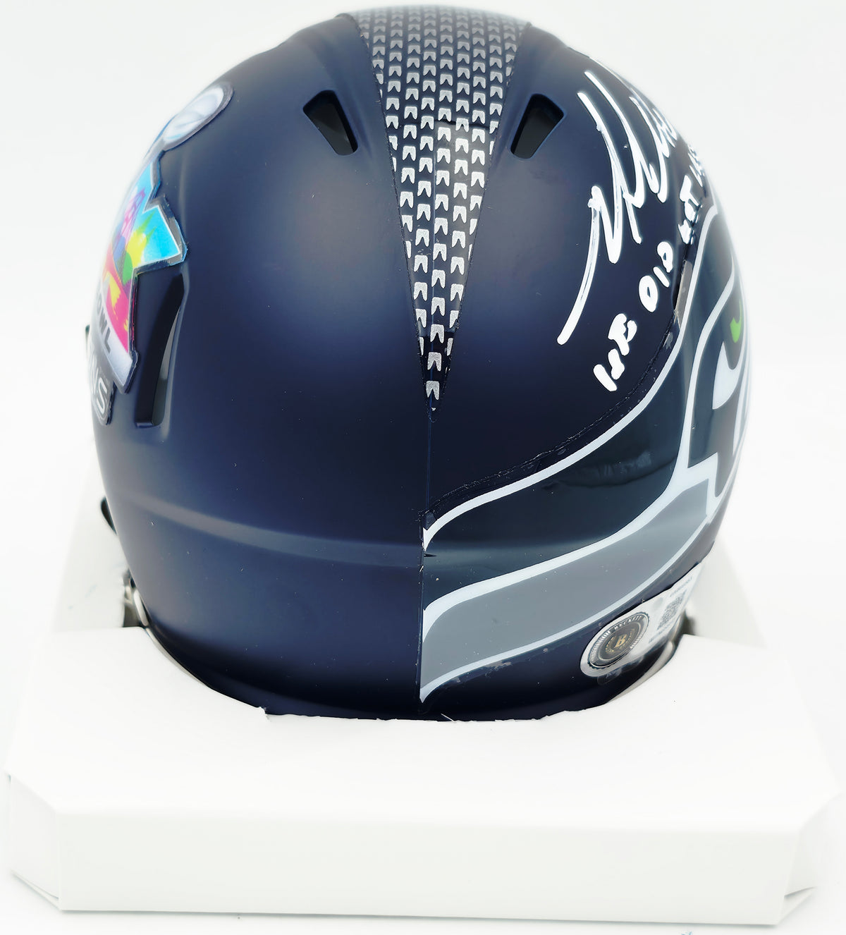 Mike Macdonald Autographed Seattle Seahawks Blue Super Bowl LX Champions Logo Speed Mini Helmet "We Did Not Care" Beckett BAS Witness #4W869563