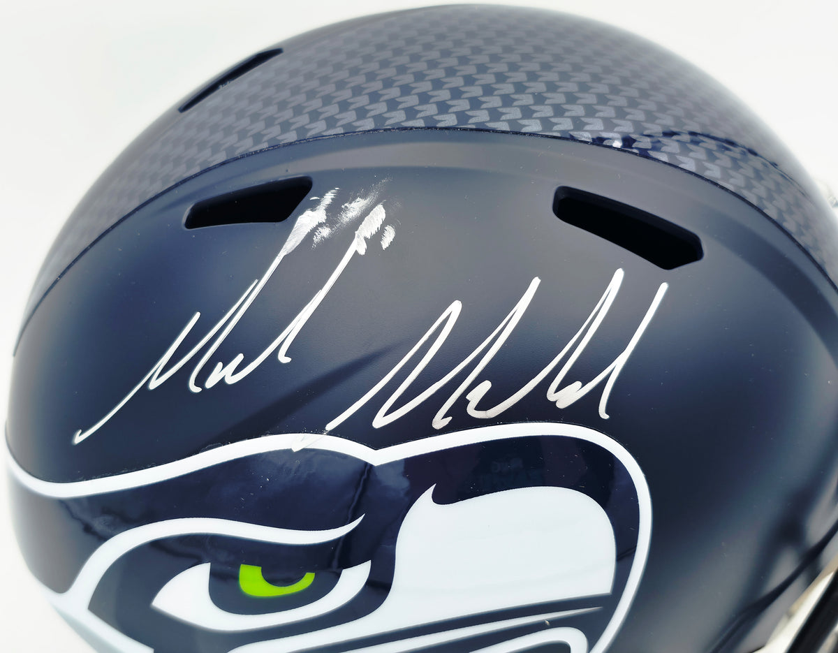 Mike Macdonald Autographed Seattle Seahawks Blue Full Size Super Bowl LX Champions Logo Speed Replica Helmet (Signed Twice) Beckett BAS Witness #4W801973