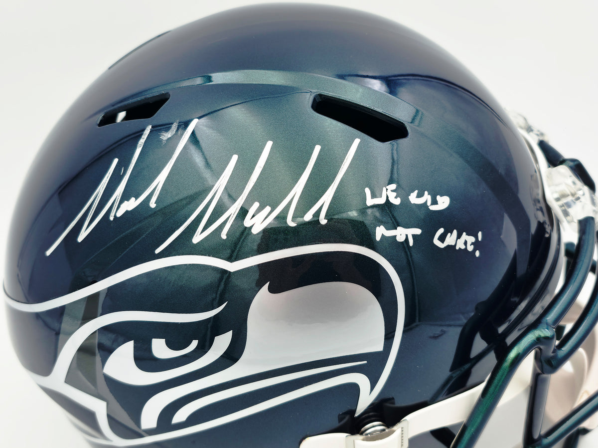Mike Macdonald Autographed Seattle Seahawks Rivalries Full Size Speed Replica Helmet "We Did Not Care" (Smudged) Beckett BAS Witness #4W801943